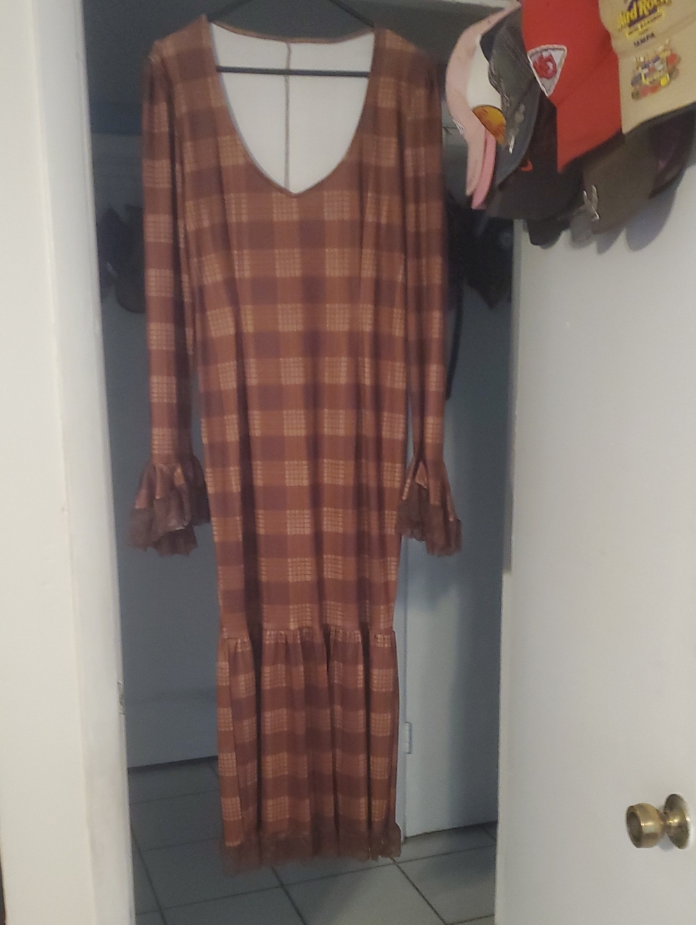 Brown Plaid Long Sleeve Ruffle-Hem Maxi Dress. Worn Once.